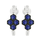 14K White Gold Blue Sapphire Hexagon Light Brown Diamond | Cluster Hoop Earrings