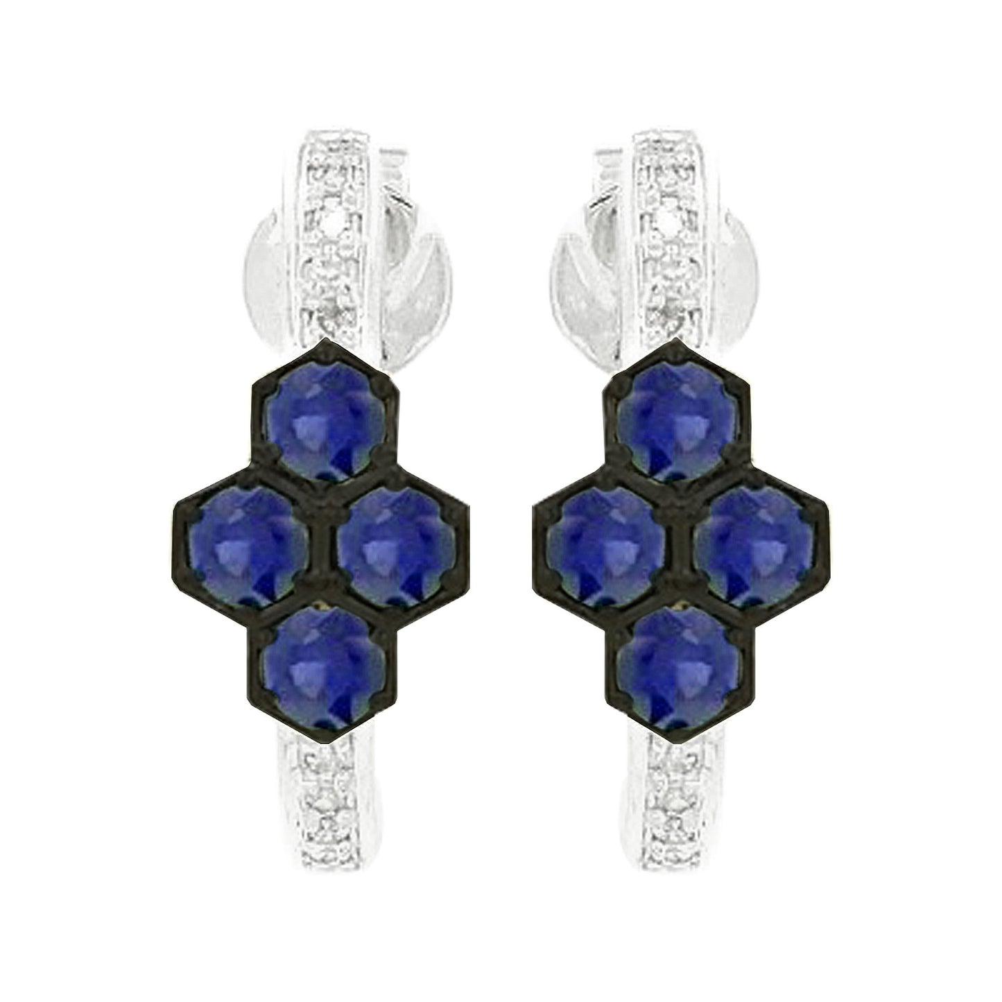 14K White Gold Blue Sapphire Hexagon Light Brown Diamond | Cluster Hoop Earrings