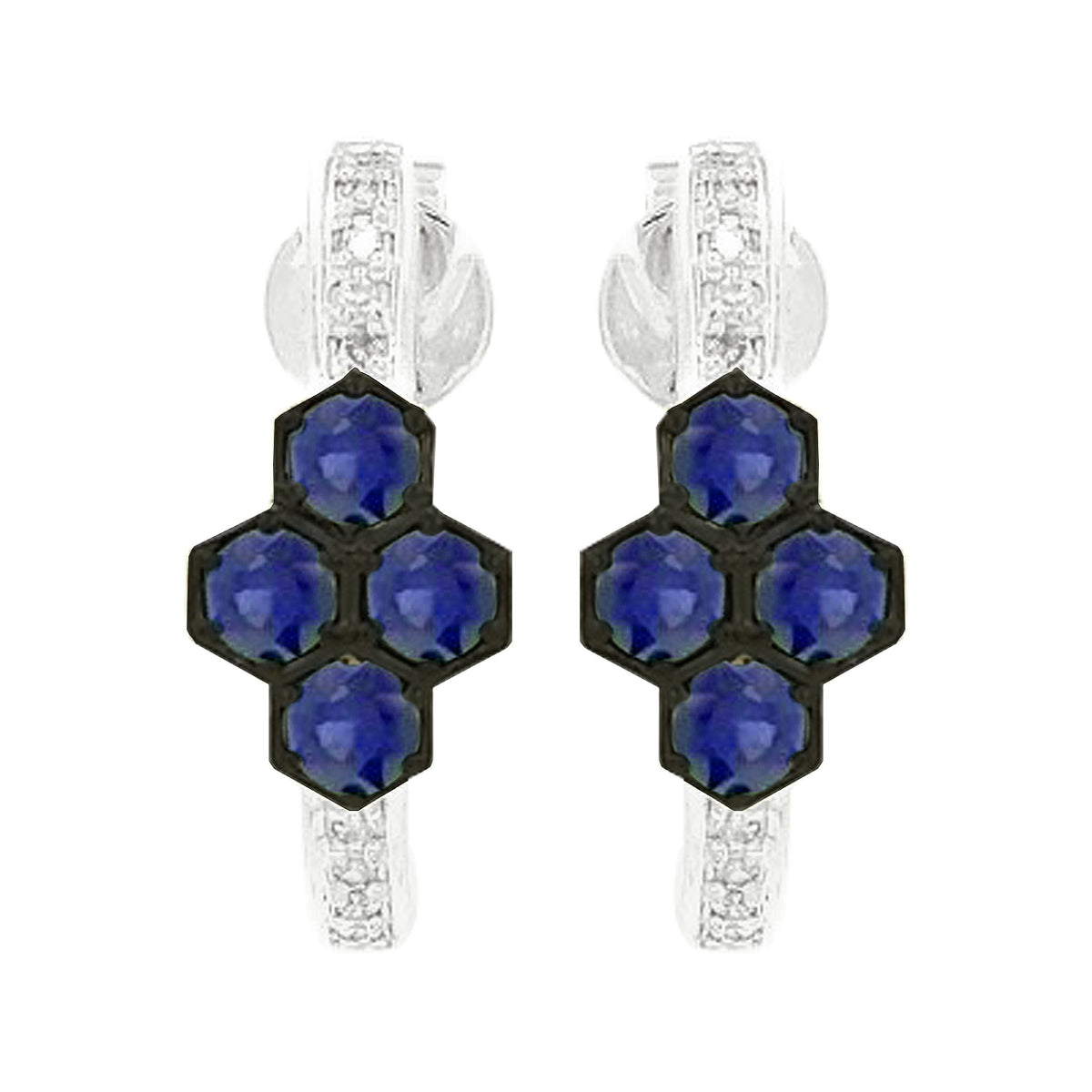 14K White Gold Blue Sapphire Hexagon Light Brown Diamond | Cluster Hoop Earrings