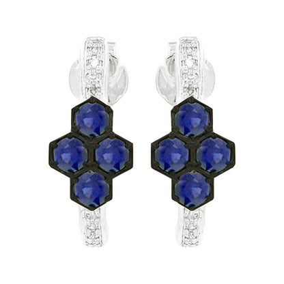 14K White Gold Blue Sapphire Hexagon Light Brown Diamond | Cluster Hoop Earrings