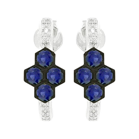 14K White Gold Blue Sapphire Hexagon Light Brown Diamond | Cluster Hoop Earrings