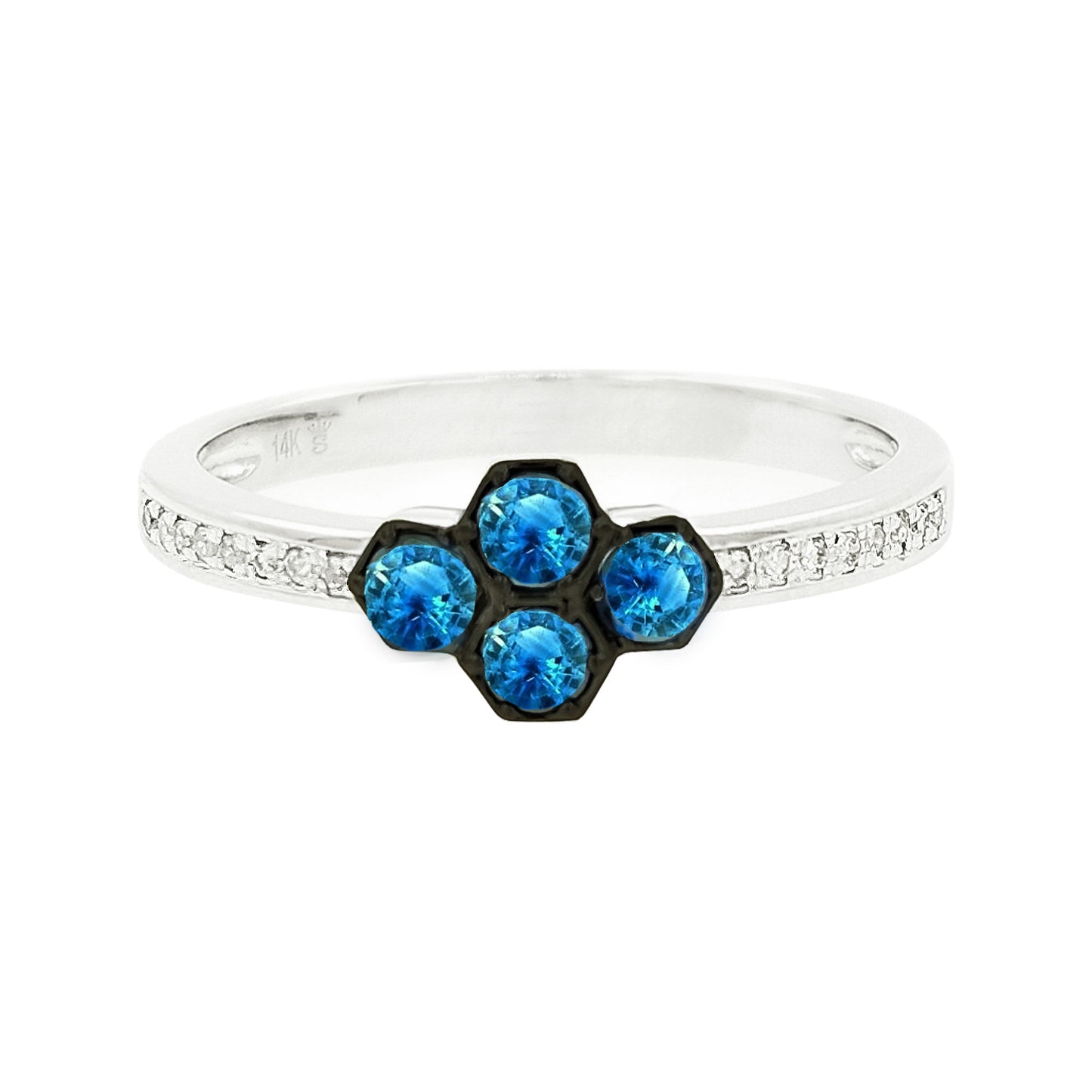 14K White Gold Blue Sapphire Cluster Ring Black Plated Light Brown Diamond Band