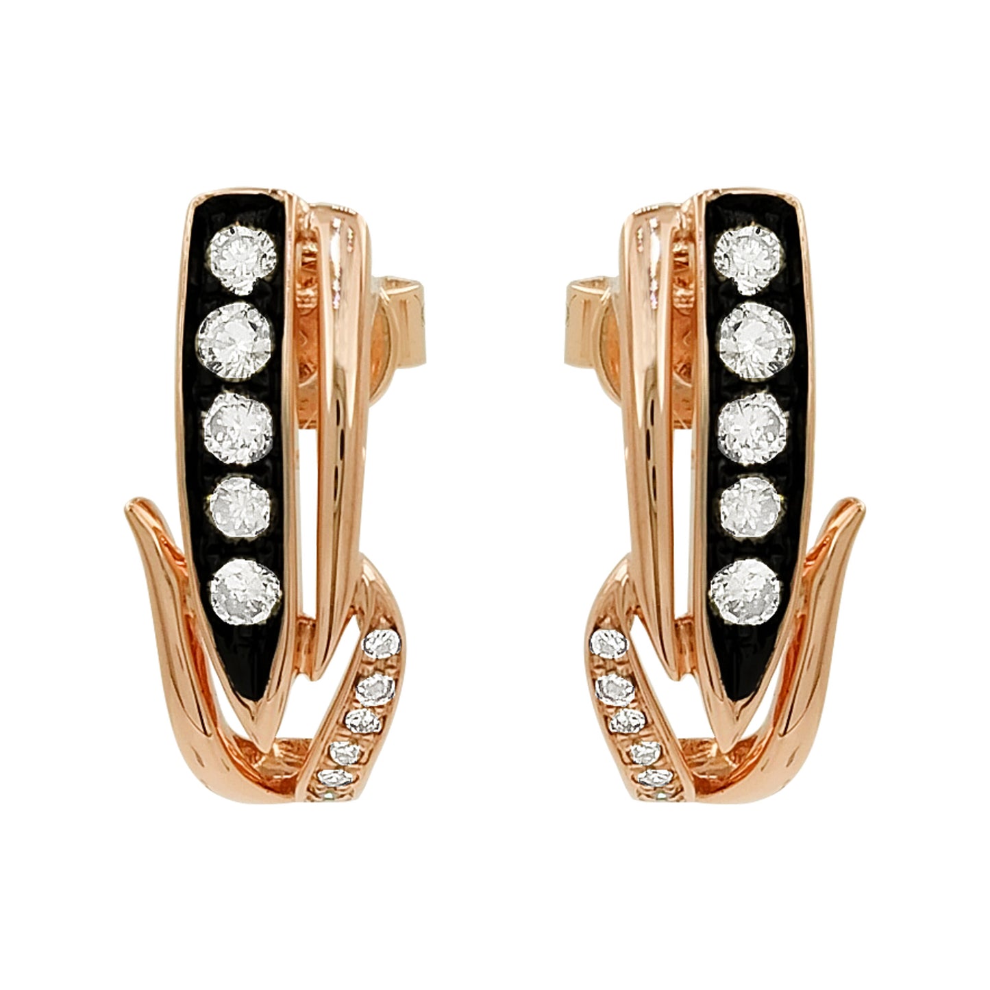 14K Rose Gold Light Brown Diamond Hoop Earrings, Black Inlay, Modern Fine Jewelry
