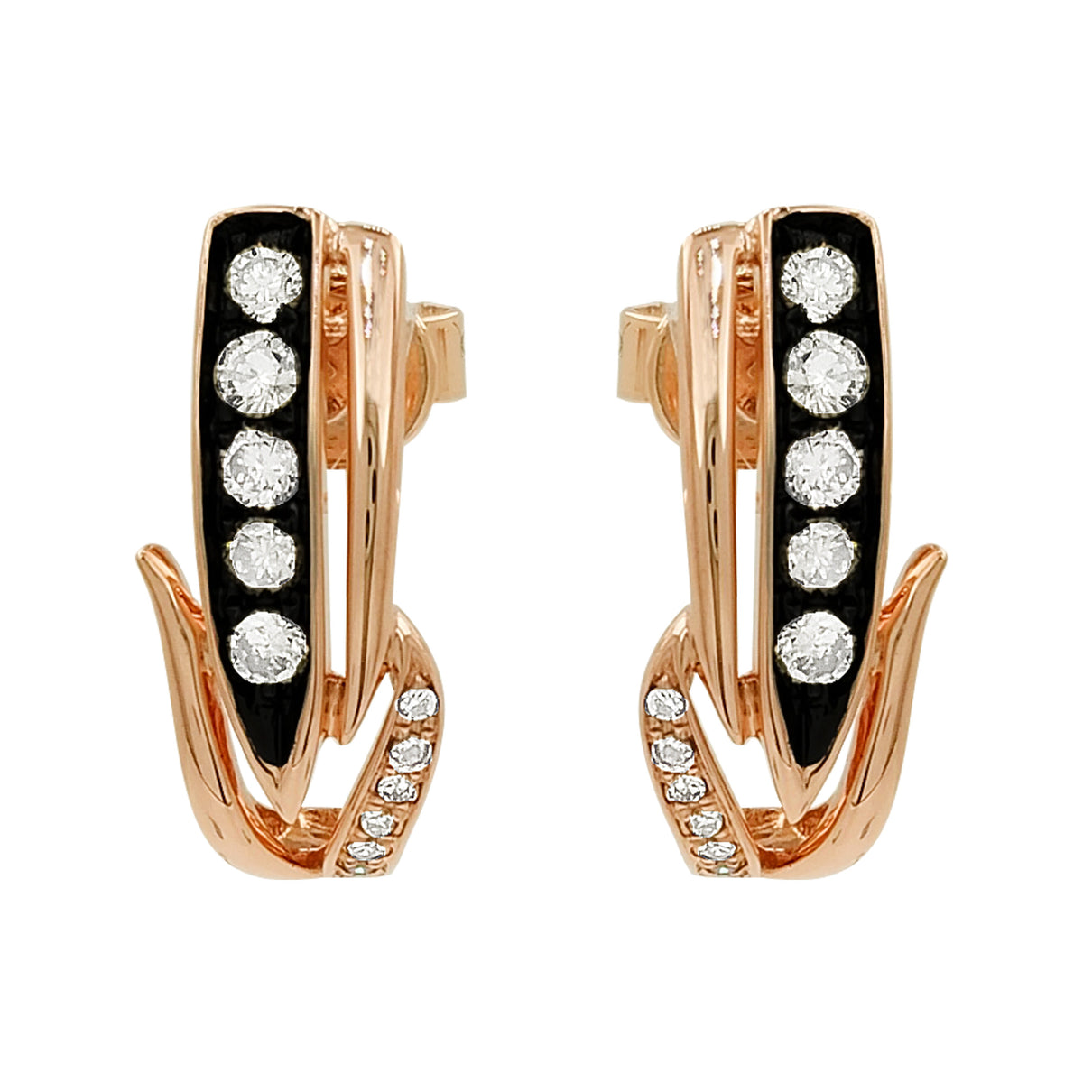 14K Rose Gold Light Brown Diamond Hoop Earrings, Black Inlay, Modern Fine Jewelry
