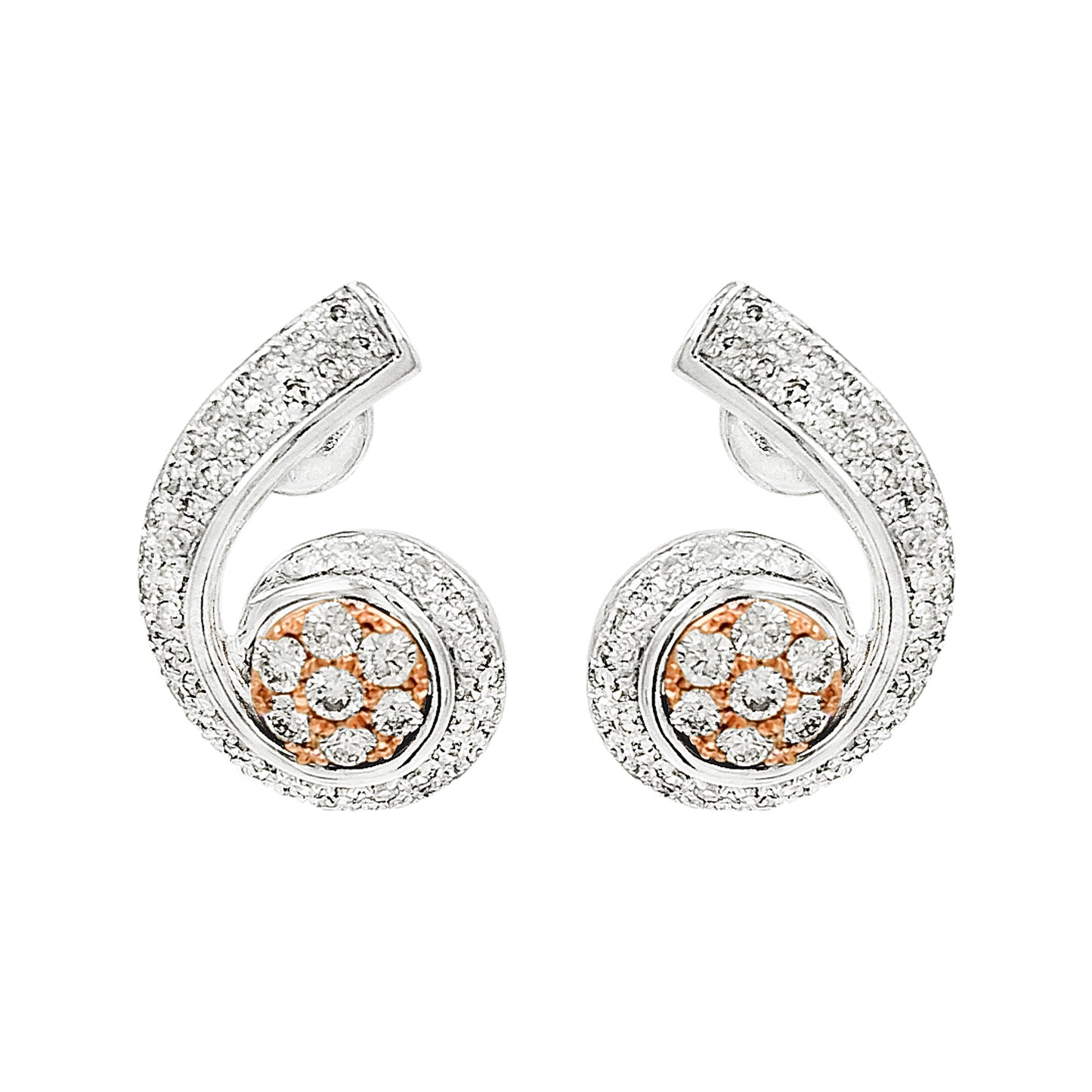 14K White Gold Light brown Diamond Swirl Stud Earrings | Two-Tone Rose Gold Accent