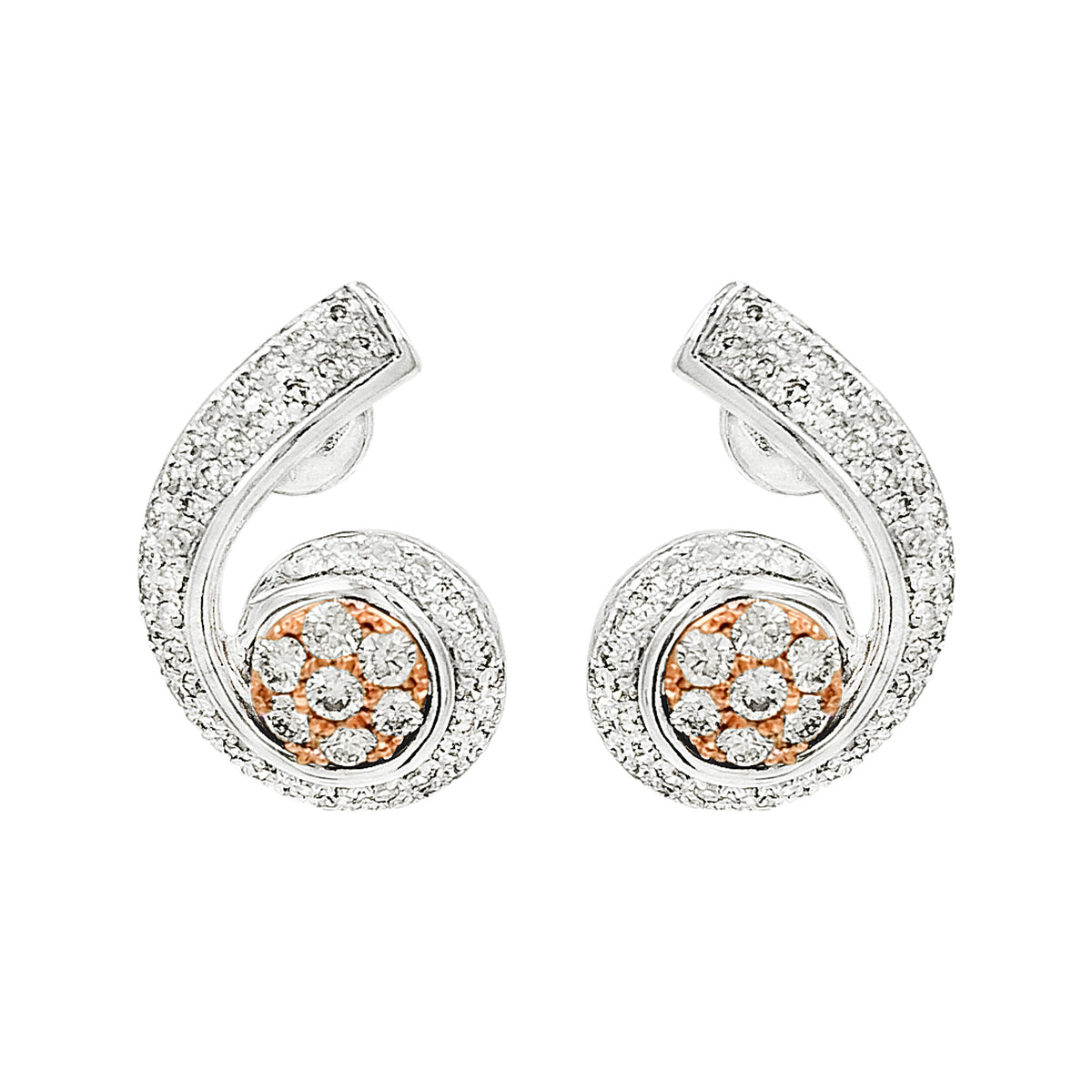 14K White Gold Light brown Diamond Swirl Stud Earrings | Two-Tone Rose Gold Accent