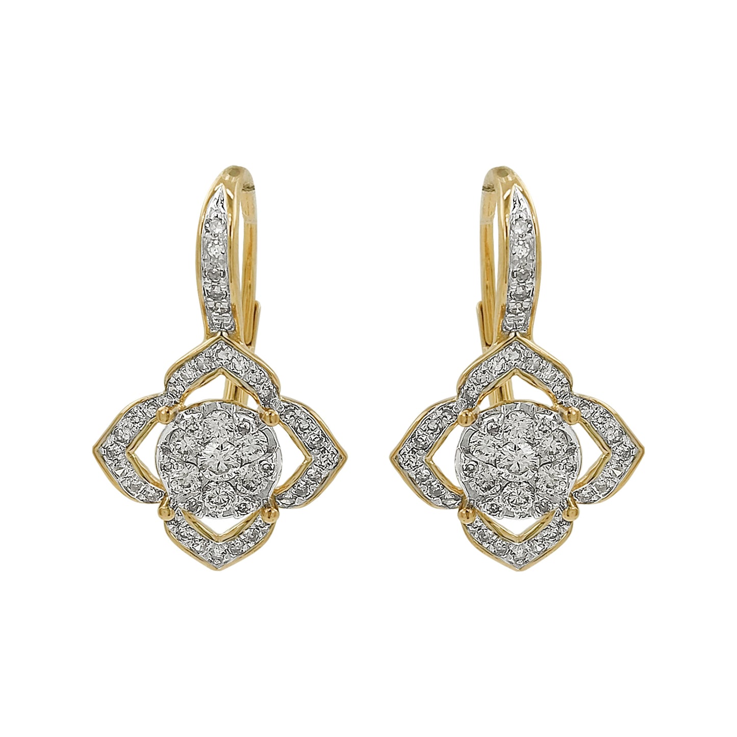 14K Yellow Gold Light Brown Diamond Quatrefoil Earrings | Vintage Dangle Halo