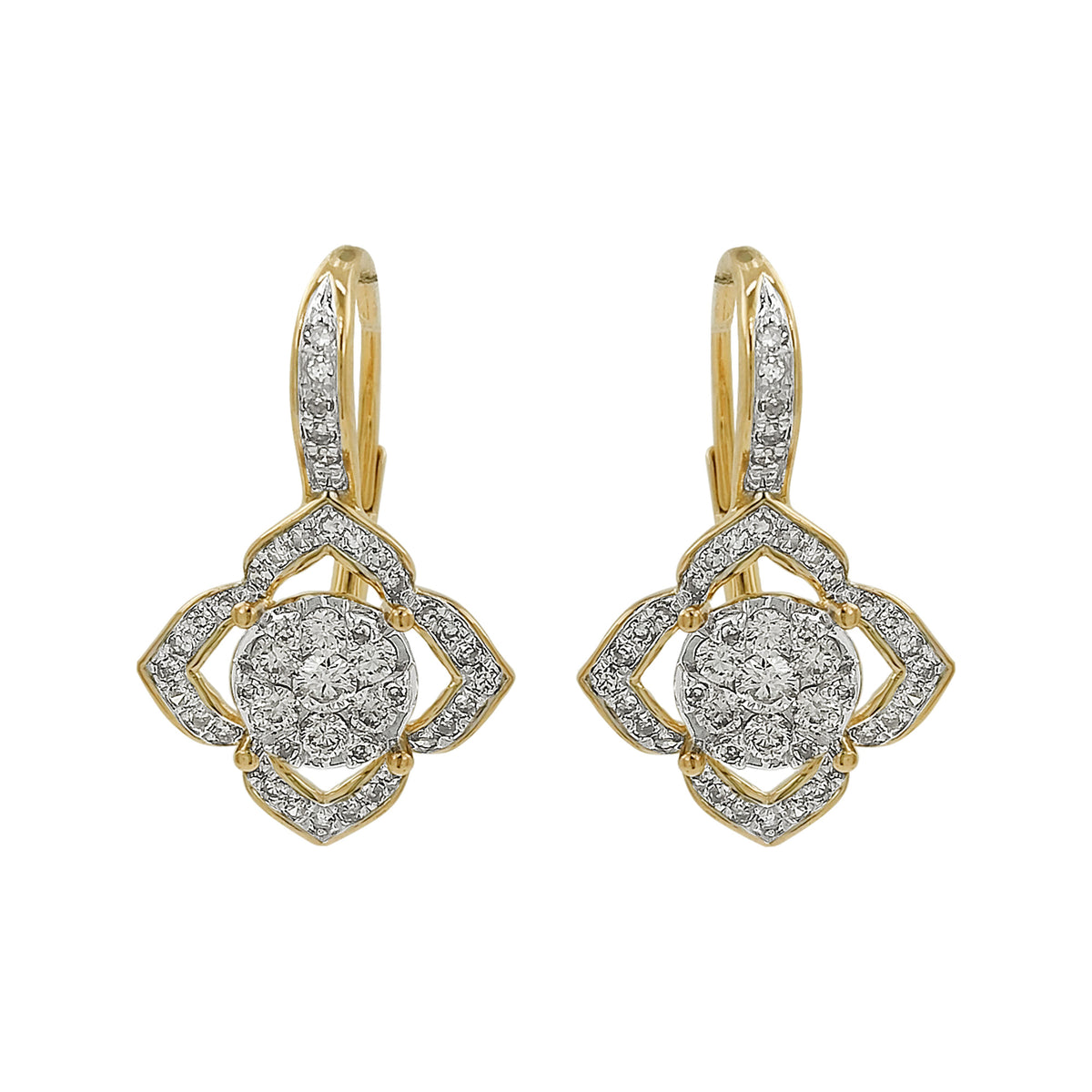 14K Yellow Gold Light Brown Diamond Quatrefoil Earrings | Vintage Dangle Halo
