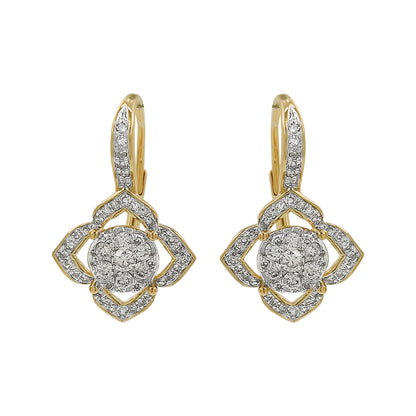 14K Yellow Gold Light Brown Diamond Quatrefoil Earrings | Vintage Dangle Halo
