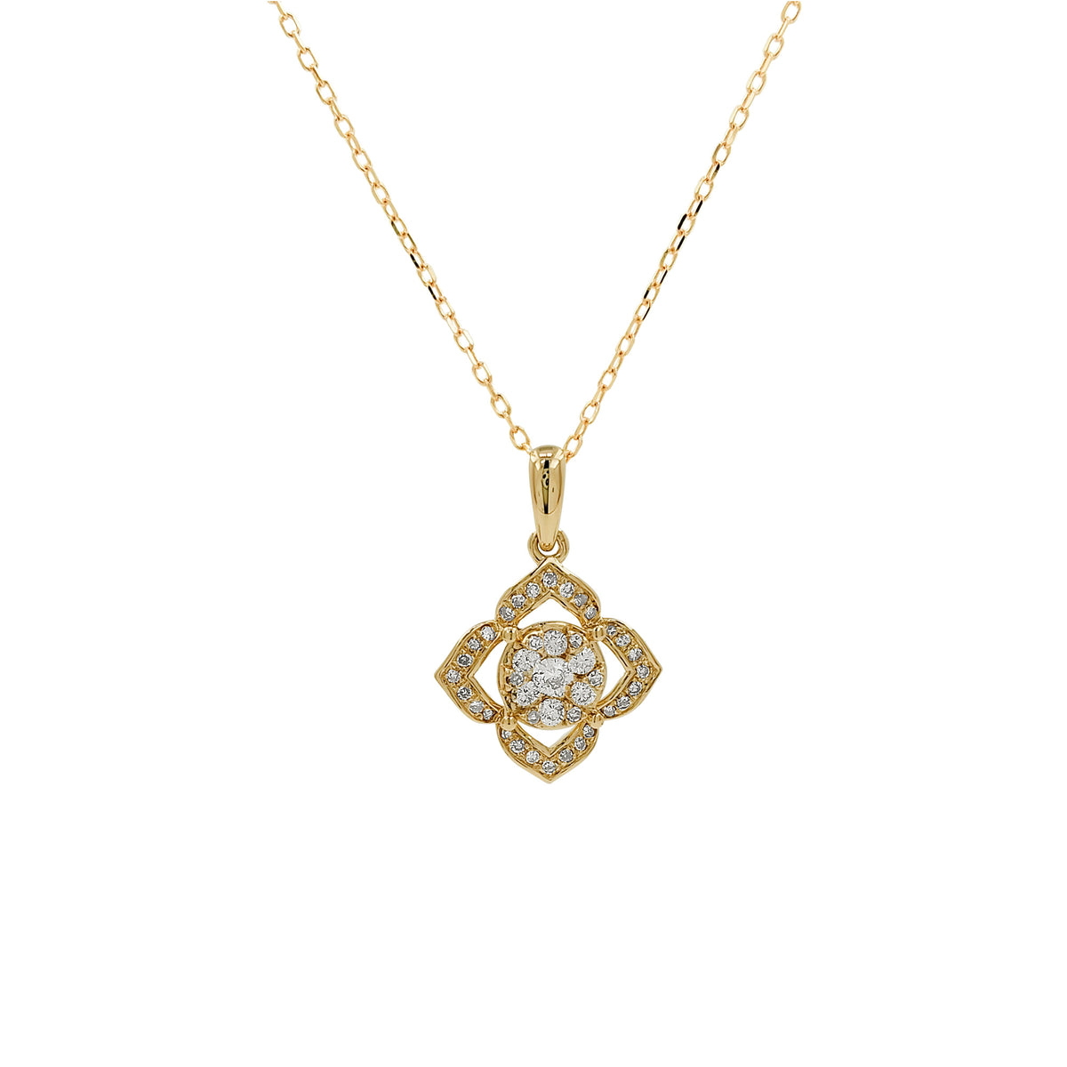 14K Gold Light Brown Diamond Flower Pendant Necklace | Vintage Clover Charm