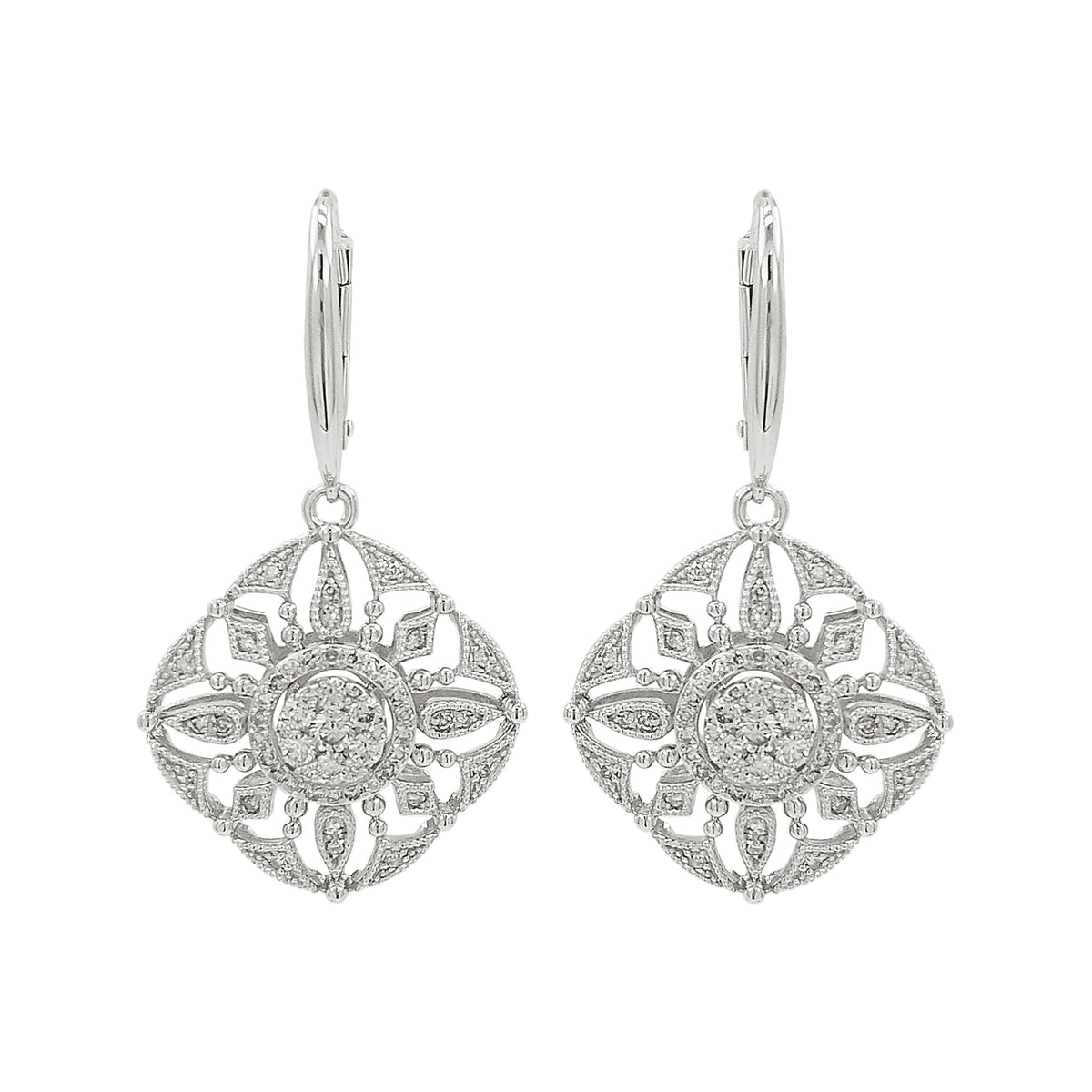 14K White Gold Light Brown Diamond Filigree Drop Earrings | Art Deco Bridal Jewelry