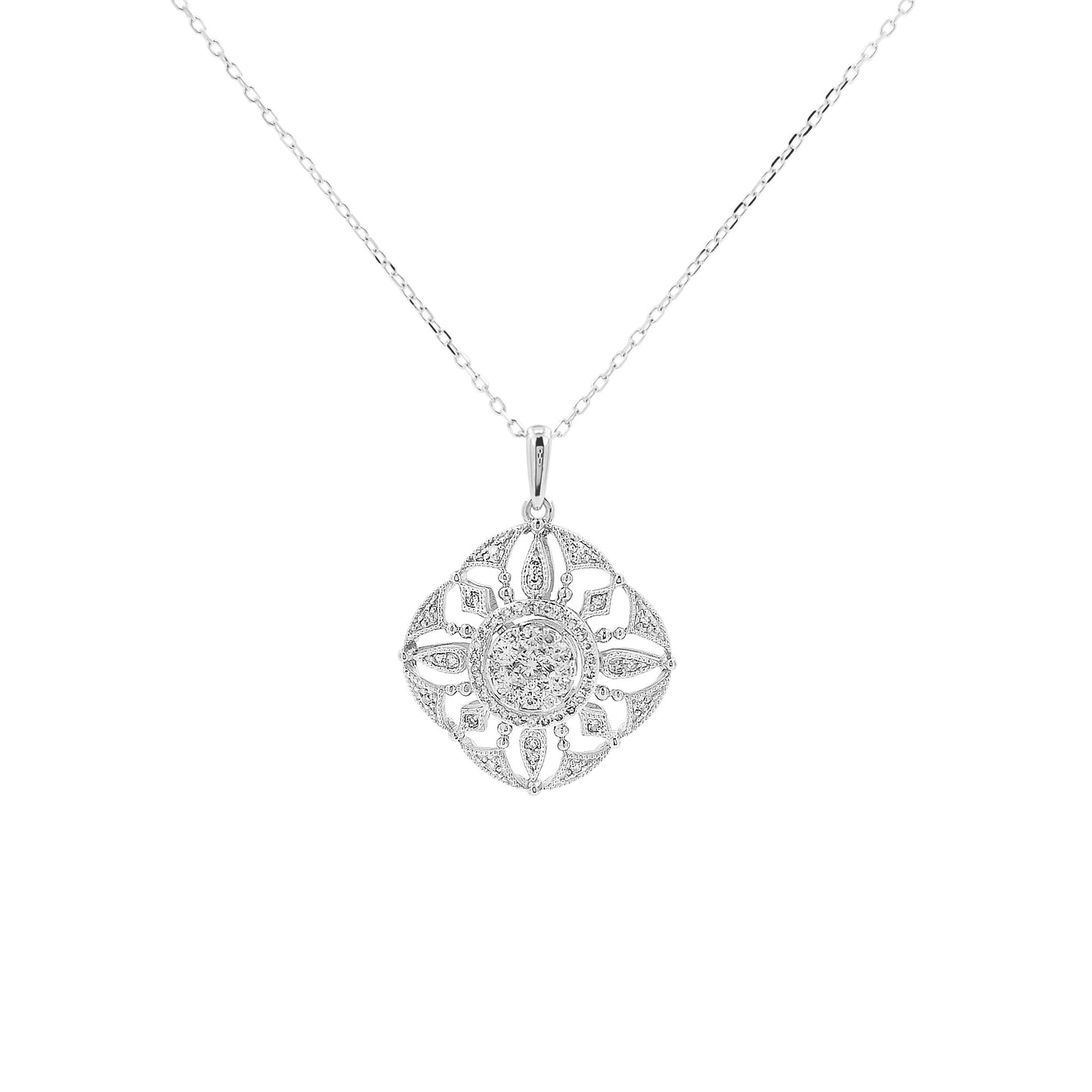 14K White Gold Light Brown Diamond Pendant Necklace | Art Deco Filigree Charm