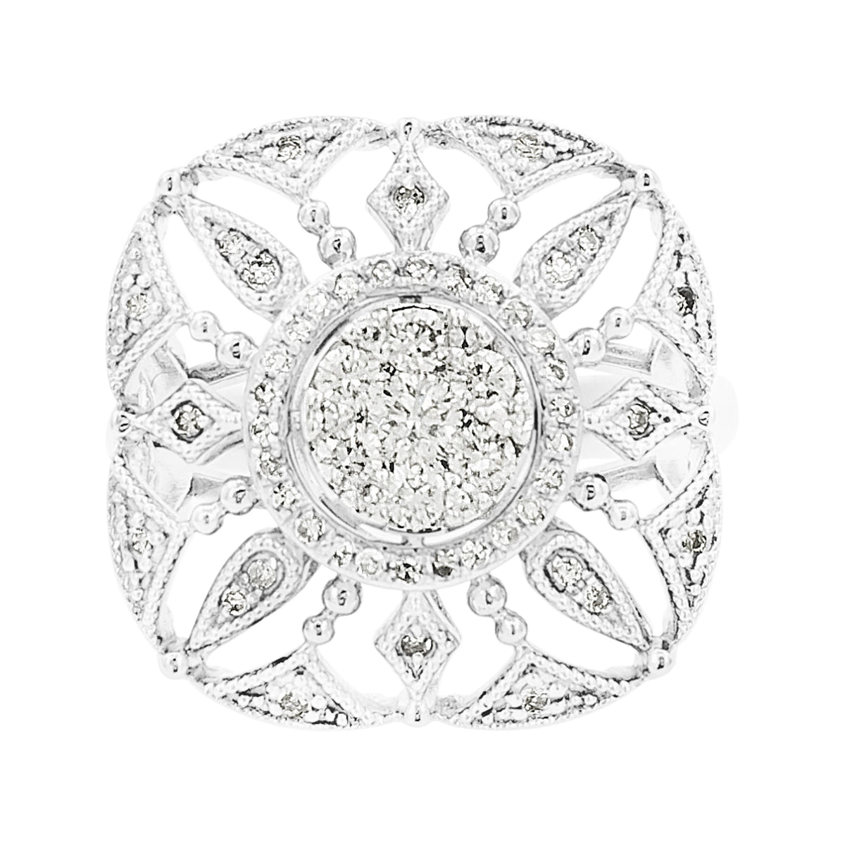 14K White Gold Light Brown Diamond Filigree Ring | Art Deco Engagement