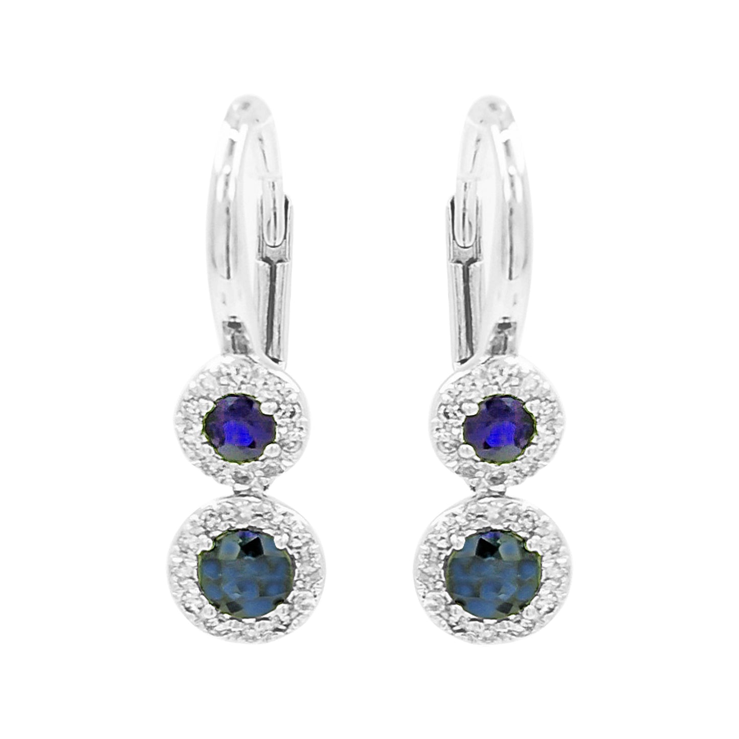 14K White Gold Blue Sapphire Light Brown Diamond Halo Drop Earrings