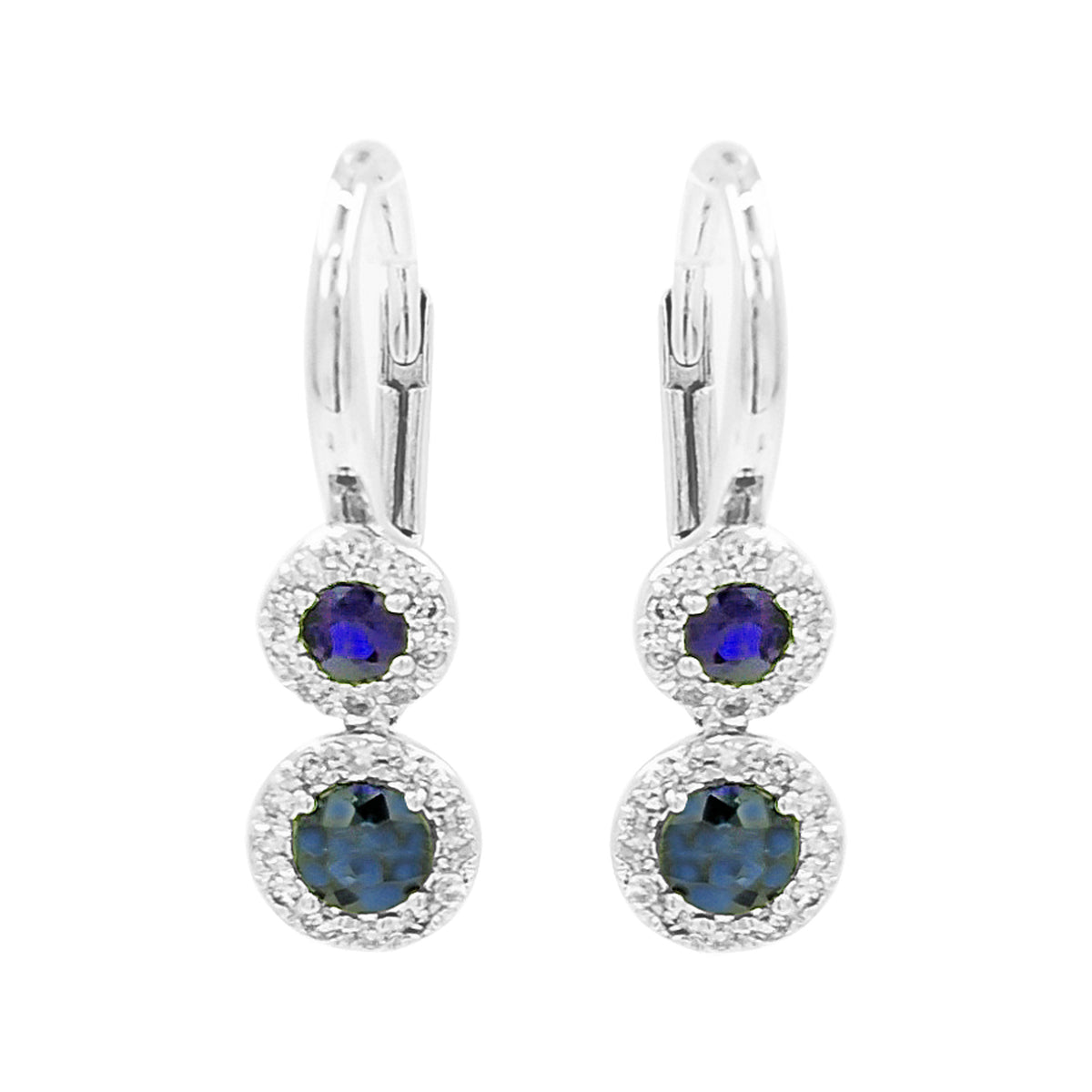 14K White Gold Blue Sapphire Light Brown Diamond Halo Drop Earrings