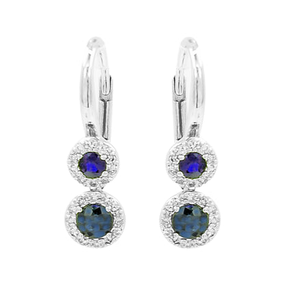 14K White Gold Blue Sapphire Light Brown Diamond Halo Drop Earrings