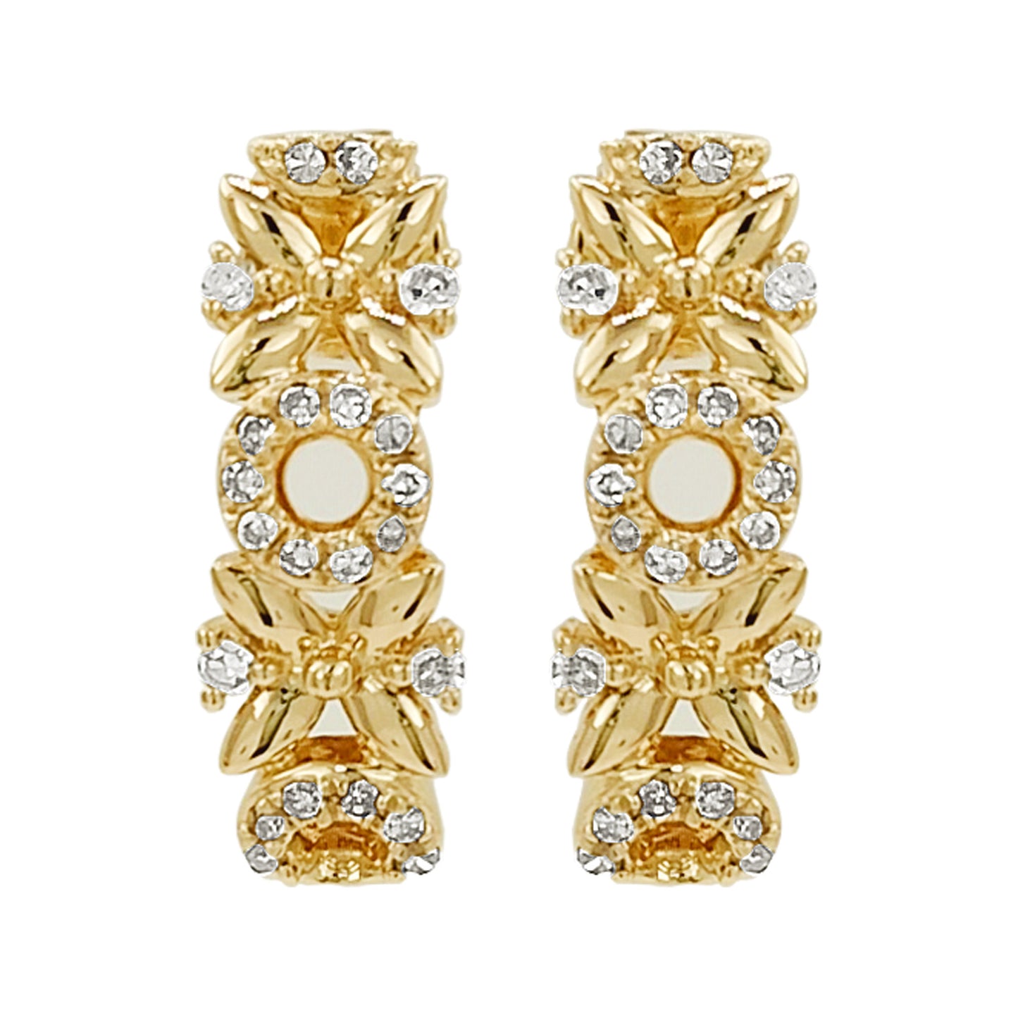 14K Gold Floral Diamond Accent Earrings, Botanical Hoops