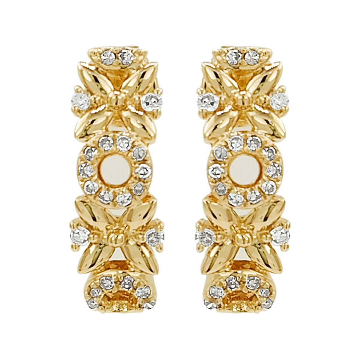 14K Gold Floral Diamond Accent Earrings, Botanical Hoops