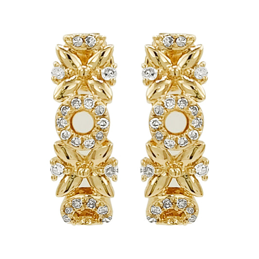 14K Gold Floral Diamond Accent Earrings, Botanical Hoops