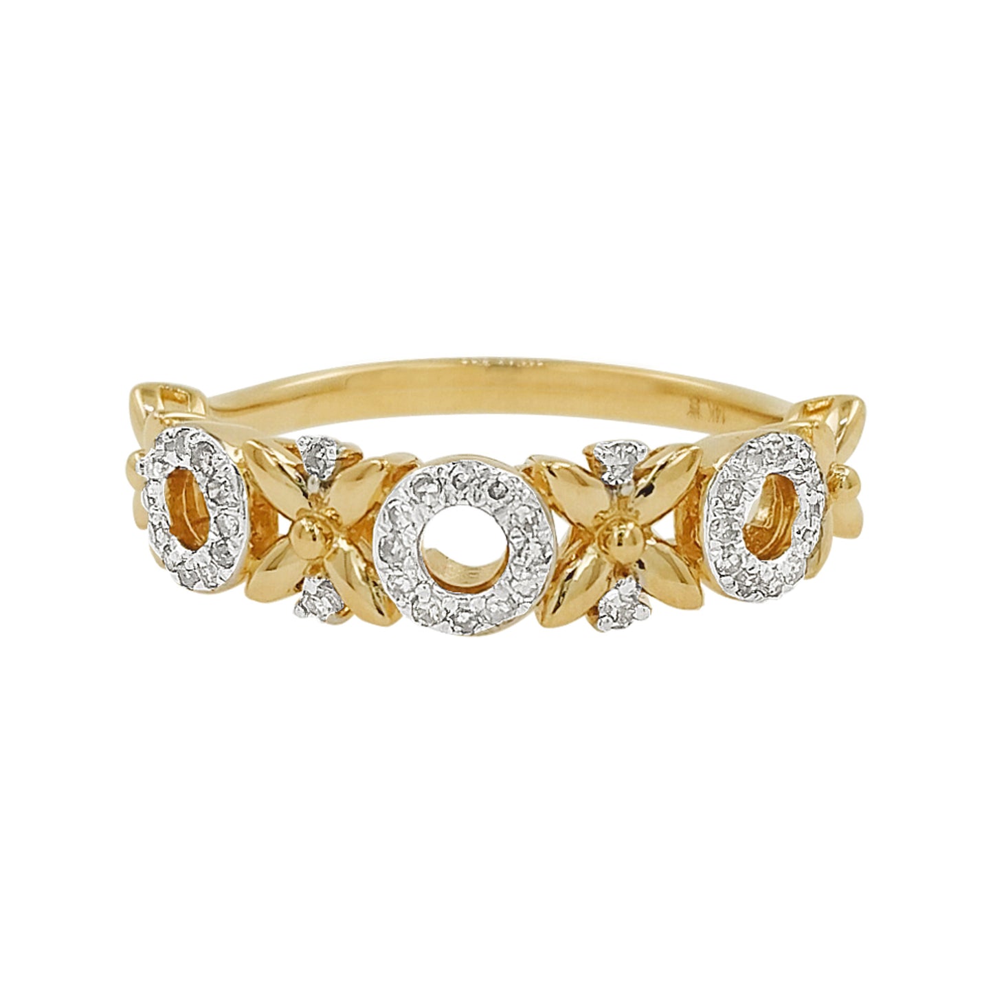 14K Gold Light Brown Diamond XOXO Ring, Floral Hugs Kisses Love Band