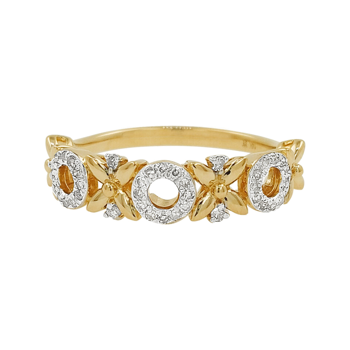 14K Gold Light Brown Diamond XOXO Ring, Floral Hugs Kisses Love Band