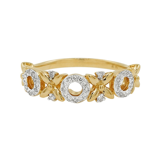 14K Gold Light Brown Diamond XOXO Ring, Floral Hugs Kisses Love Band