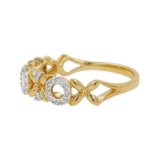 14K Gold Light Brown Diamond XOXO Ring, Floral Hugs Kisses Love Band