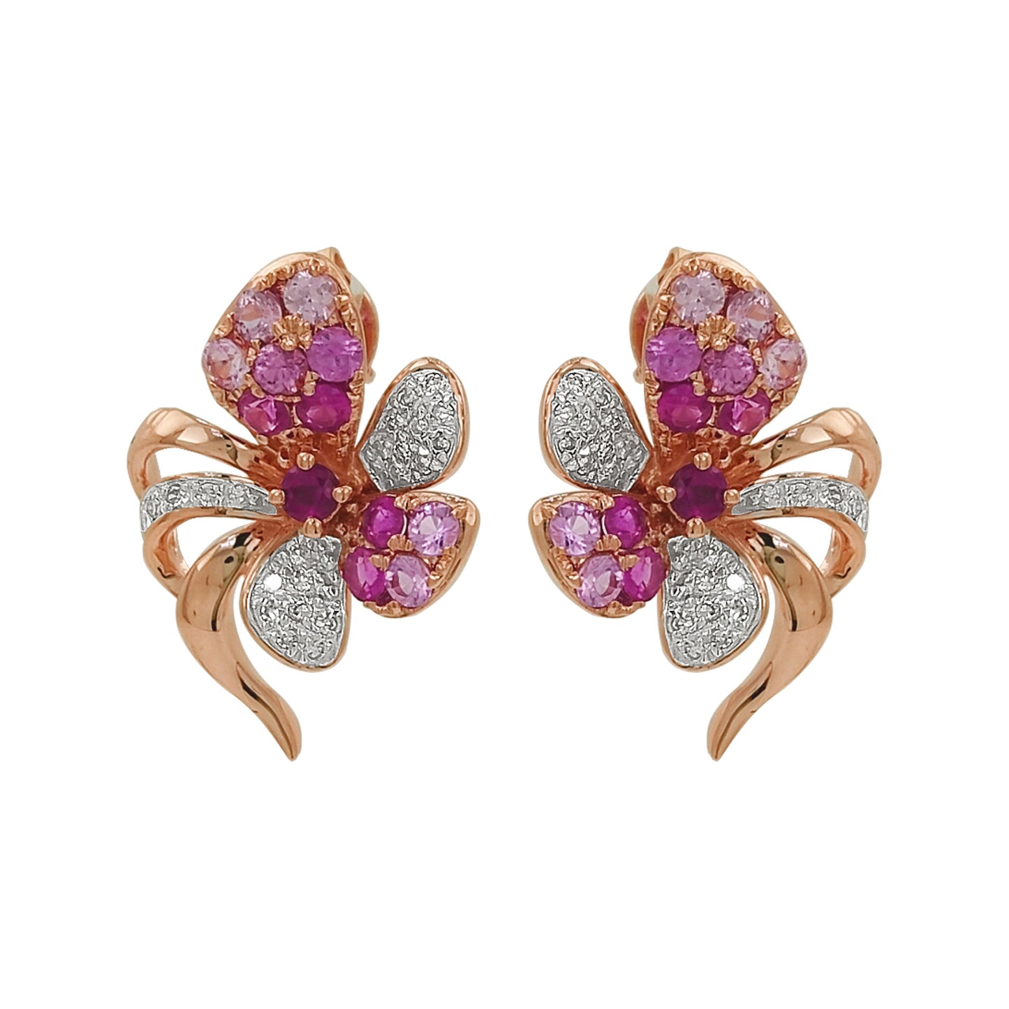 14K Rose Gold Butterfly Earrings, Pink Sapphire, Ruby, Diamond Studs