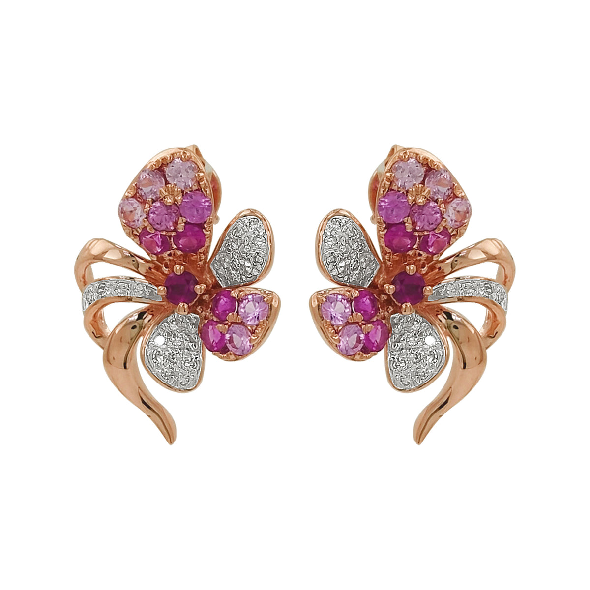 14K Rose Gold Butterfly Earrings, Pink Sapphire, Ruby, Diamond Studs