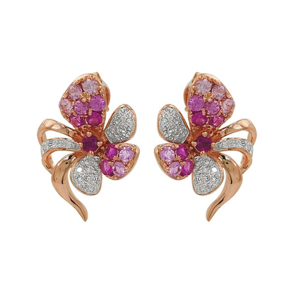 14K Rose Gold Butterfly Earrings, Pink Sapphire, Ruby, Diamond Studs