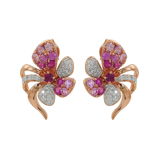 14K Rose Gold Butterfly Earrings, Pink Sapphire, Ruby, Diamond Studs