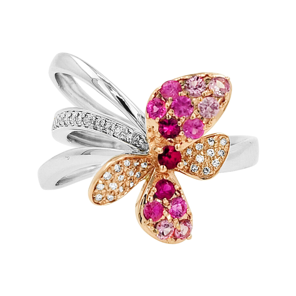 14K Two-Tone Gold Butterfly Ring, Pink Sapphire Ruby Light Brown Diamond Jewelry