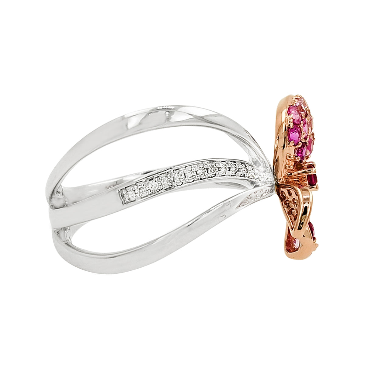 14K Two-Tone Gold Butterfly Ring, Pink Sapphire Ruby Light Brown Diamond Jewelry