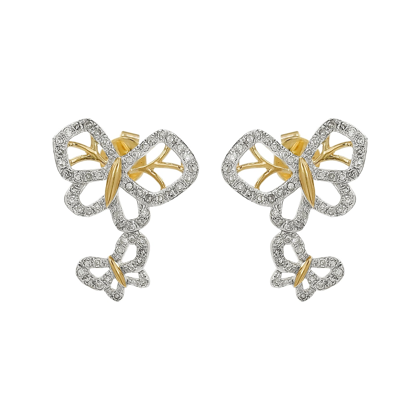 14K Gold Light Brown Diamond Butterfly Drop Earrings | Two-Tone Pave Dangle