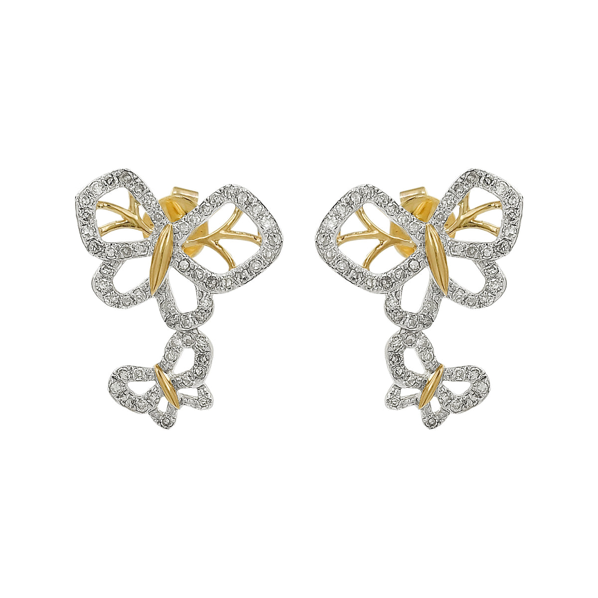 14K Gold Light Brown Diamond Butterfly Drop Earrings | Two-Tone Pave Dangle