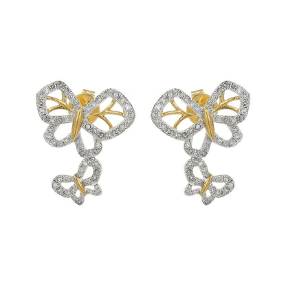 14K Gold Light Brown Diamond Butterfly Drop Earrings | Two-Tone Pave Dangle