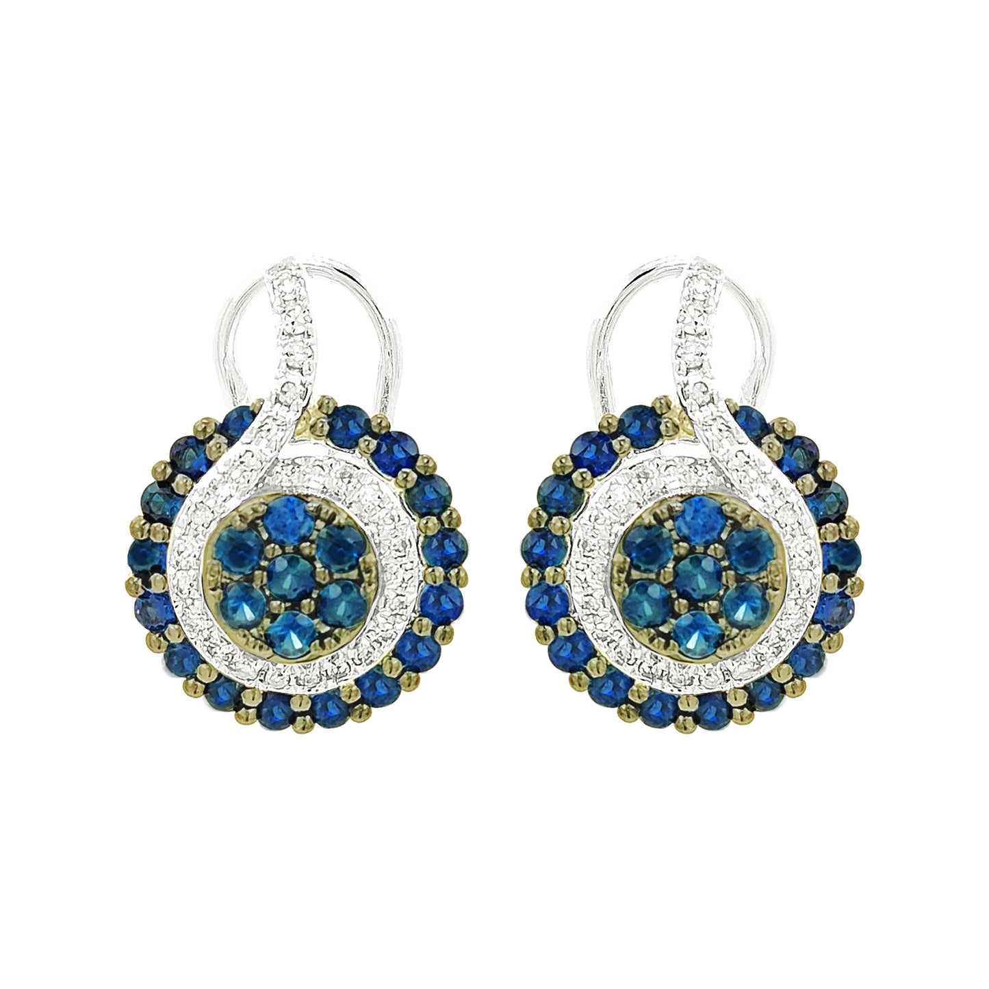 14K Gold Sapphire Earrings, Diamond Accent Cluster Dangle
