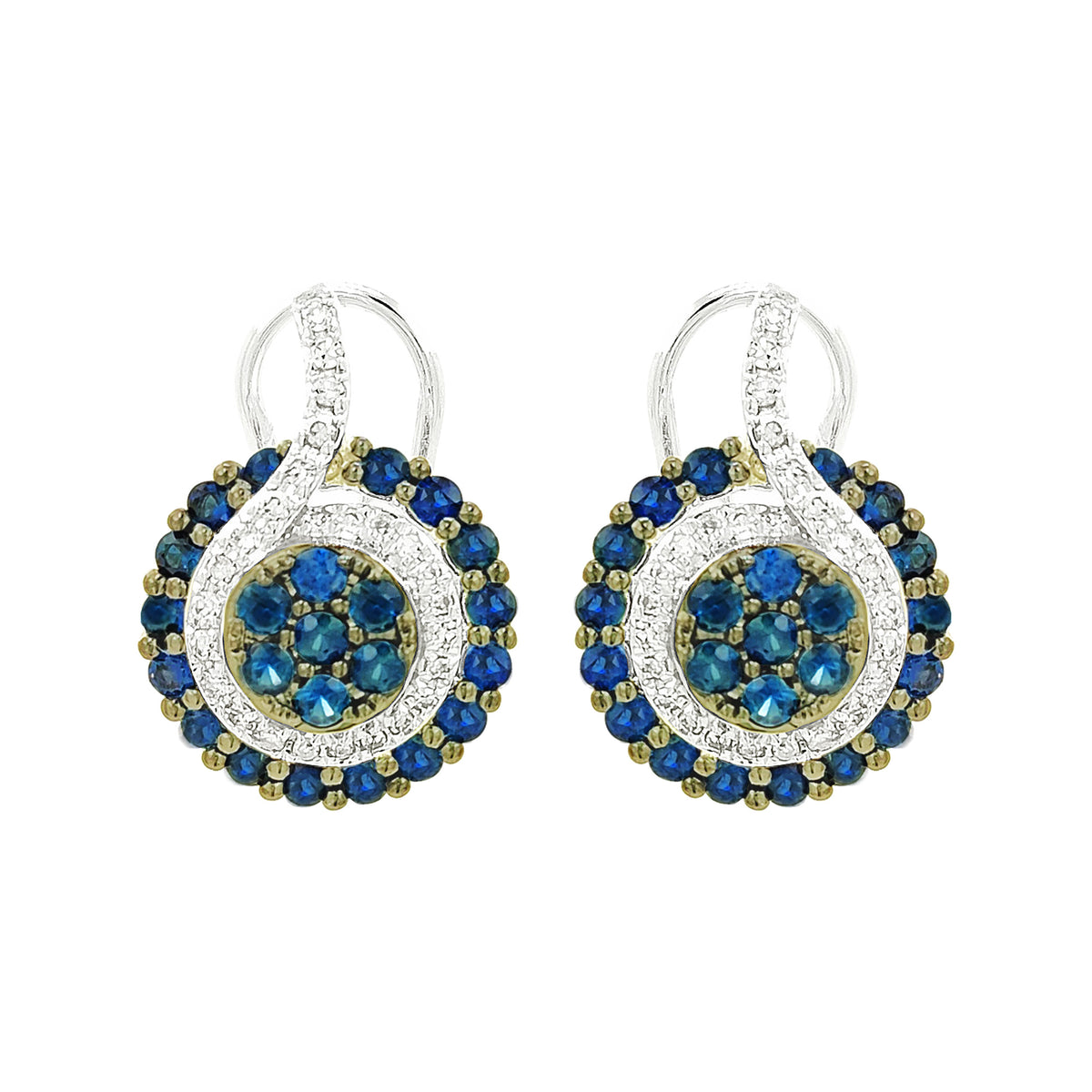 14K Gold Sapphire Earrings, Diamond Accent Cluster Dangle