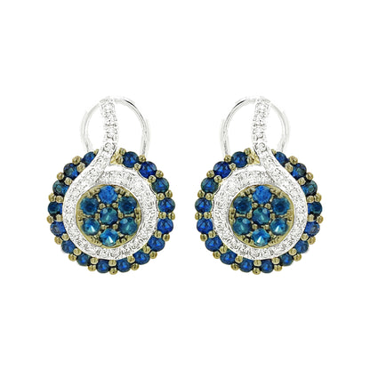 14K Gold Sapphire Earrings, Diamond Accent Cluster Dangle