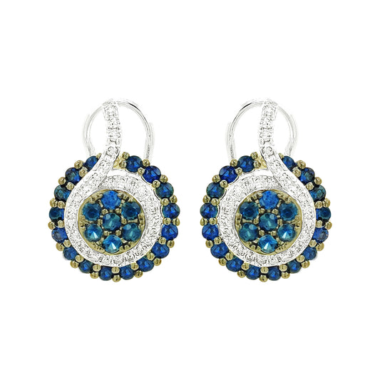 14K Gold Sapphire Earrings, Diamond Accent Cluster Dangle