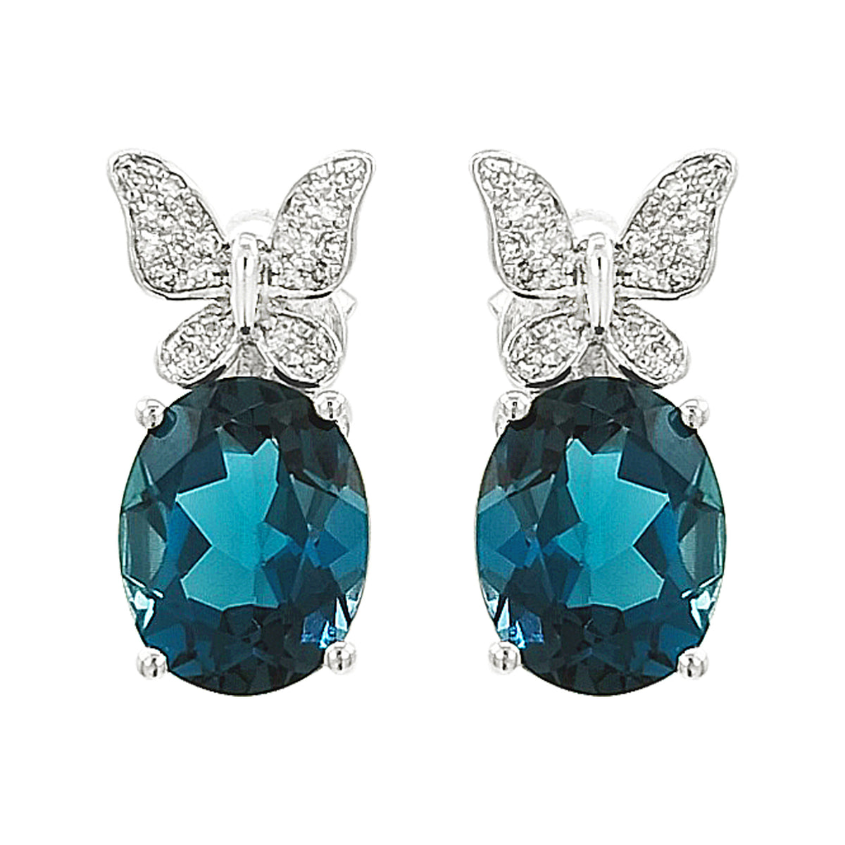 14K White Gold London Blue Topaz & Light Brown Diamond Butterfly Earrings