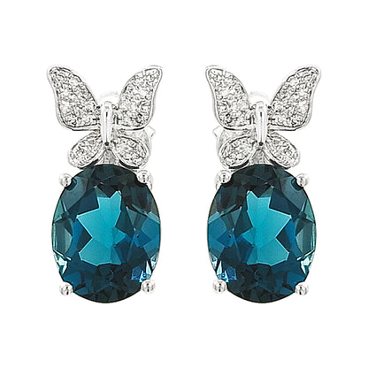 14K White Gold London Blue Topaz & Light Brown Diamond Butterfly Earrings