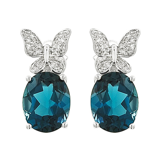 14K White Gold London Blue Topaz & Light Brown Diamond Butterfly Earrings