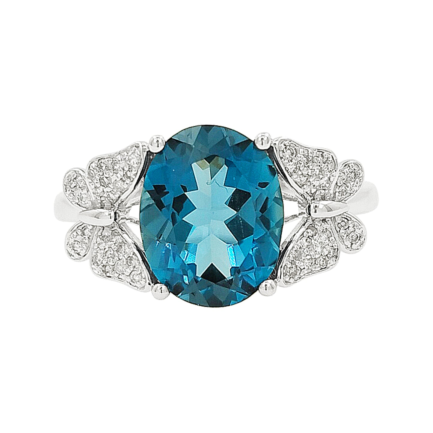 Oval Blue Topaz Butterfly Ring 14K White Gold Light Brown Diamond Pave Split Shank Nature Inspired Fine Jewelry Gift