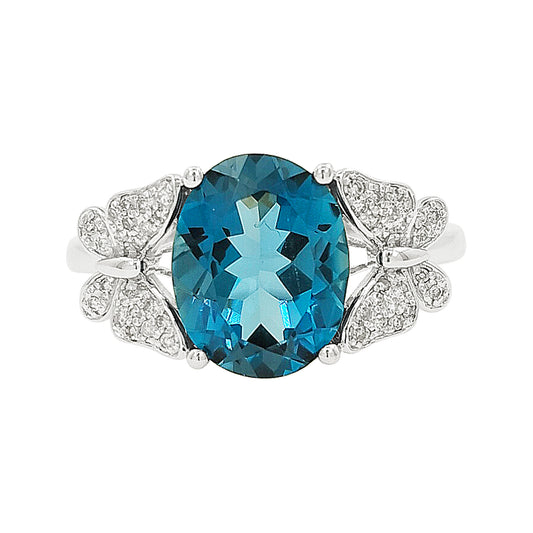 Oval Blue Topaz Butterfly Ring 14K White Gold Light Brown Diamond Pave Split Shank Nature Inspired Fine Jewelry Gift
