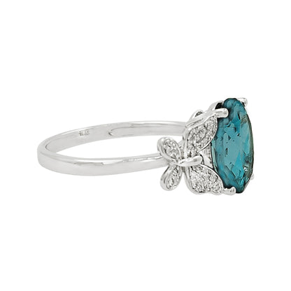 Oval Blue Topaz Butterfly Ring 14K White Gold Light Brown Diamond Pave Split Shank Nature Inspired Fine Jewelry Gift