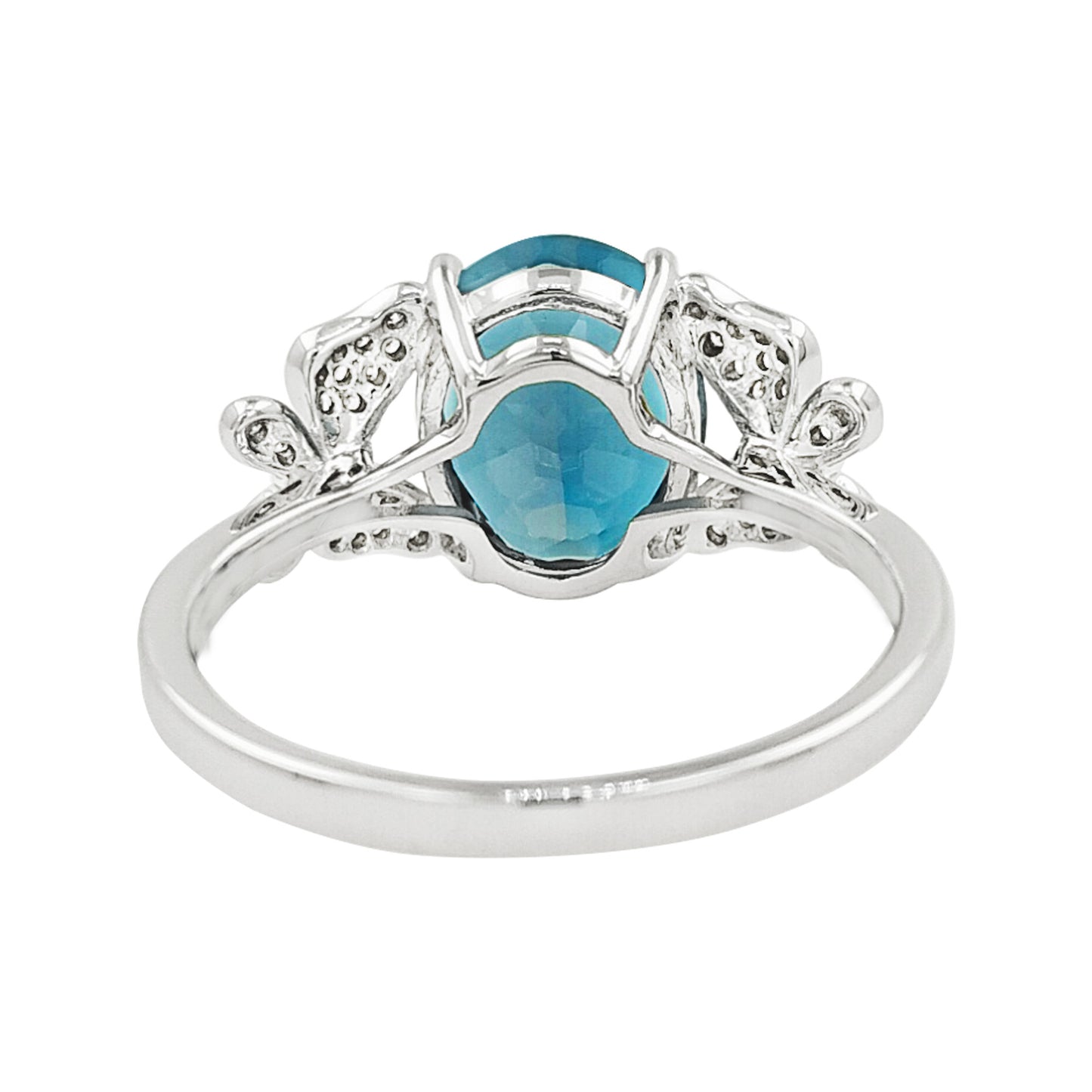 Oval Blue Topaz Butterfly Ring 14K White Gold Light Brown Diamond Pave Split Shank Nature Inspired Fine Jewelry Gift