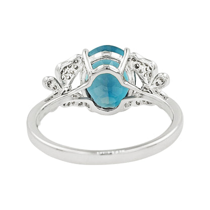 Oval Blue Topaz Butterfly Ring 14K White Gold Light Brown Diamond Pave Split Shank Nature Inspired Fine Jewelry Gift