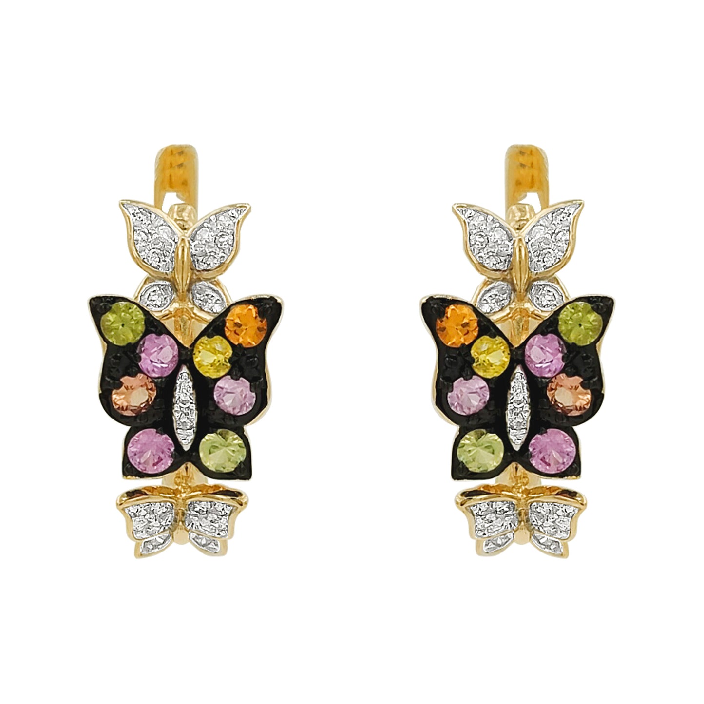 14K Gold Sapphire Light Brown Diamond Butterfly Earrings, Black Plating
