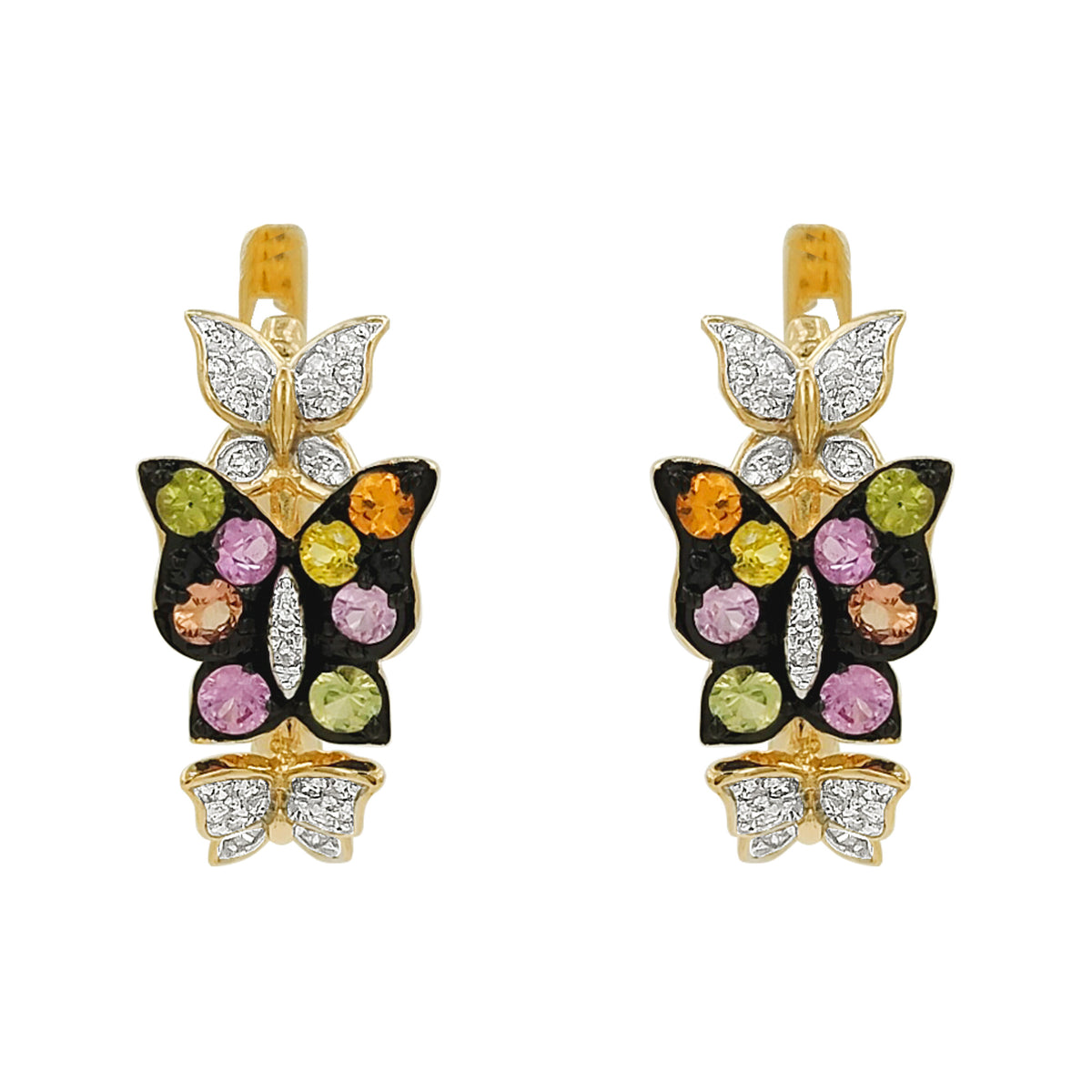 14K Gold Sapphire Light Brown Diamond Butterfly Earrings, Black Plating